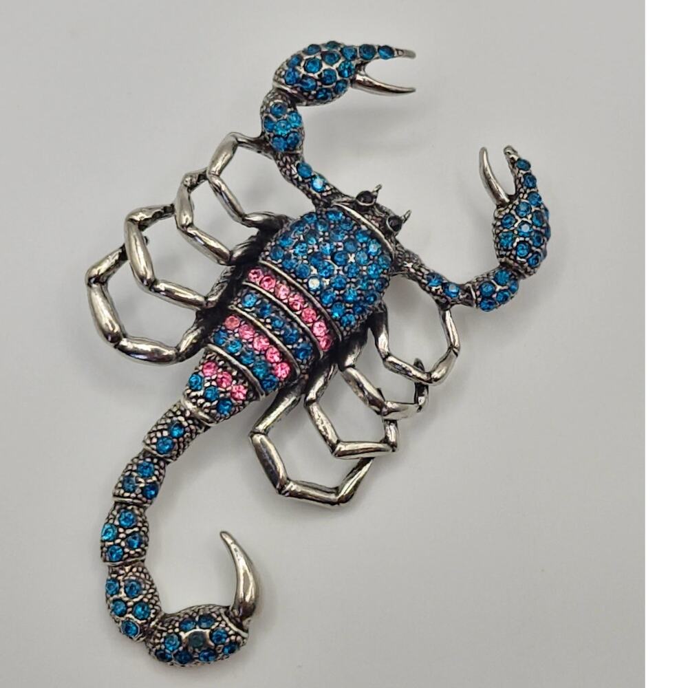 Scorpion Brooch Turquoise & Pink Rhinestone on Silver Tone Metal Insect Arachnid